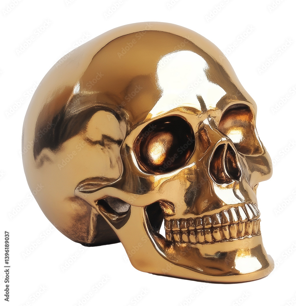 Poster golden reflective skull showcasing intricate details with a shiny surface on transparent background