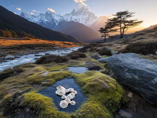 Breathtaking sunset illuminating majestic mountains and serene river in the himalayas © Atlantis