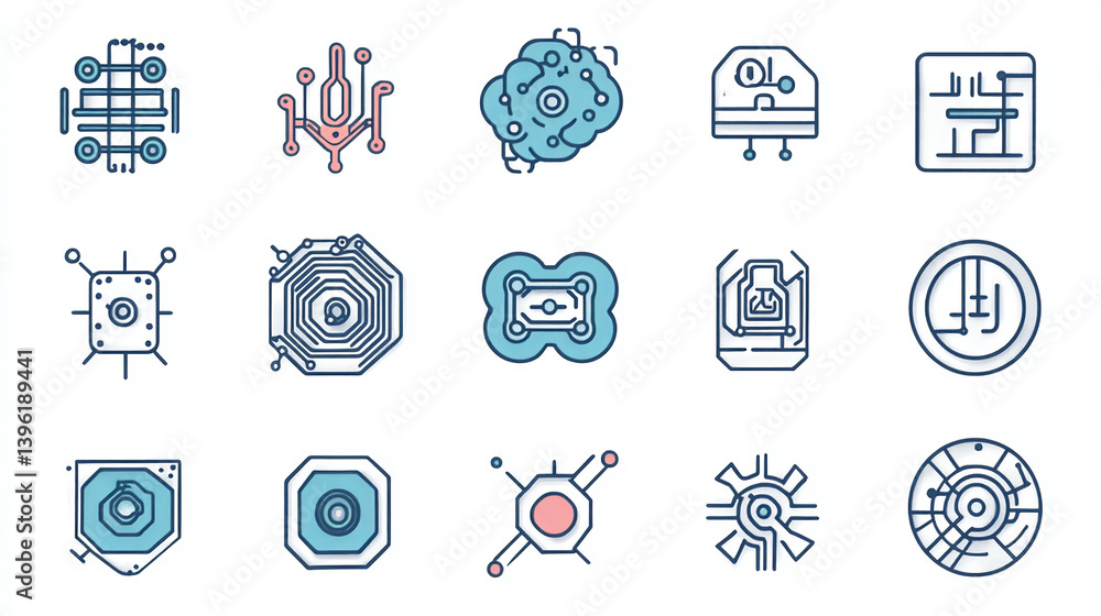 Poster collection of abstract technology icons for engineering and science projects in vector format design