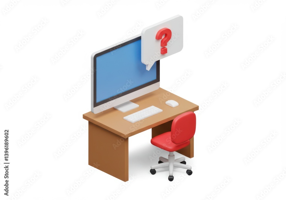 Poster computer workstation with question mark speech bubble icon