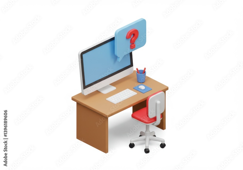 Poster computer desk setup with question mark speech bubble icon