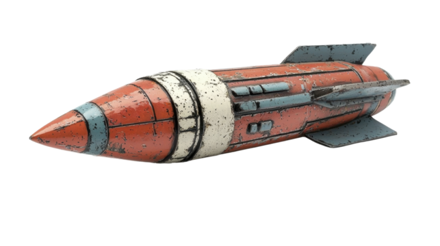 A streamlined rocket design captured in a dynamic pose against a clear blue sky symbolizing space exploration potential, isolated a transparent background.