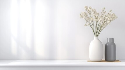 Minimalist, modern decor with vase and flowers on a white shelf. Sunlight streams through window