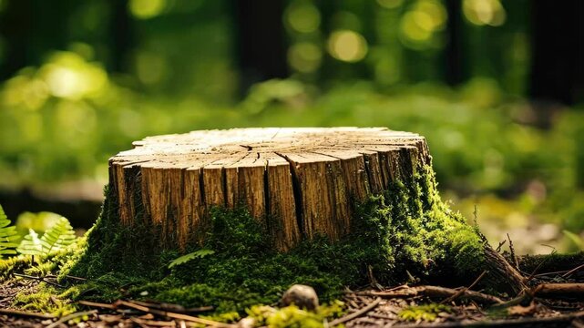 A moss-covered tree stump blends seamlessly in the serene forest setting. Ai Generated
