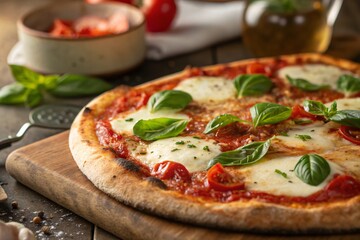 Delicious margherita pizza with fresh basil mozzarella and tomatoes Warm rustic lighting wooden