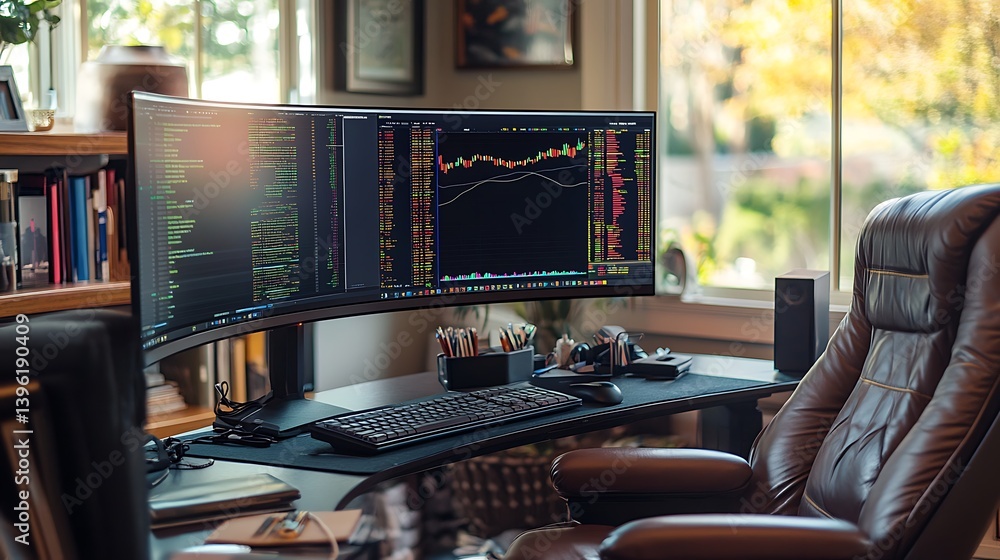 Aufkleber a modern workspace featuring a dual monitor setup displaying trading graphs, a comfortable leather o
