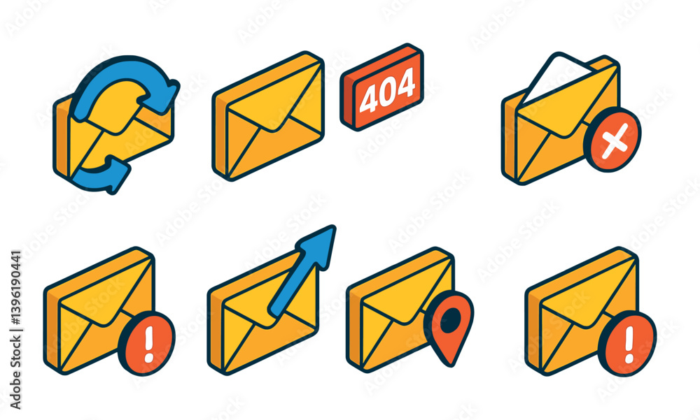 Poster email notification icon set: 3d style with error, refresh, and alert symbols