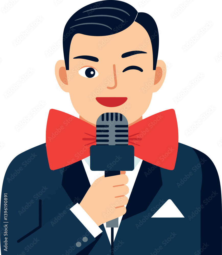 Poster a cheerful man in a tuxedo holding a microphone with a large red bow tie in flat vector art