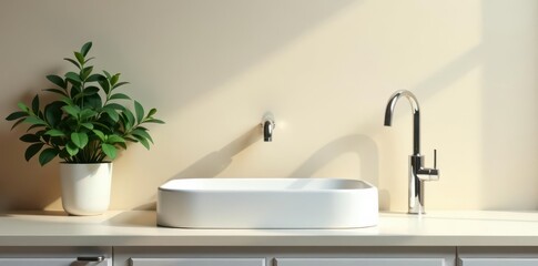 Fototapeta premium Sleek white sink, chrome faucet, beige countertop, green plant , chrome faucet, green plant, clean sink