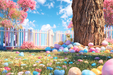 Whimsical Easter Garden with Colorful Eggs