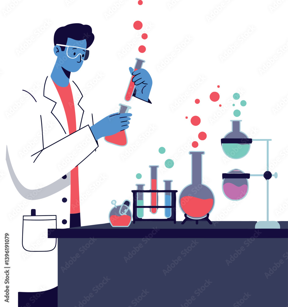 Poster scientist conducting experiments with colorful liquids in a flat vector illustration