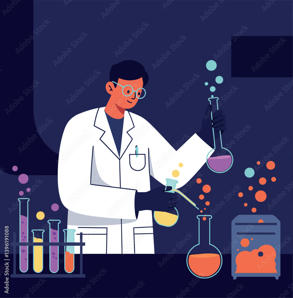 Poster scientist conducting experiments with colorful liquids in a flat style vector illustration