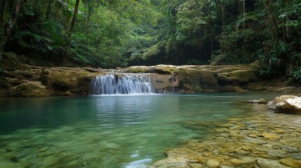 Naklejka premium Lush jungle waterfall cascading into a tranquil pool.