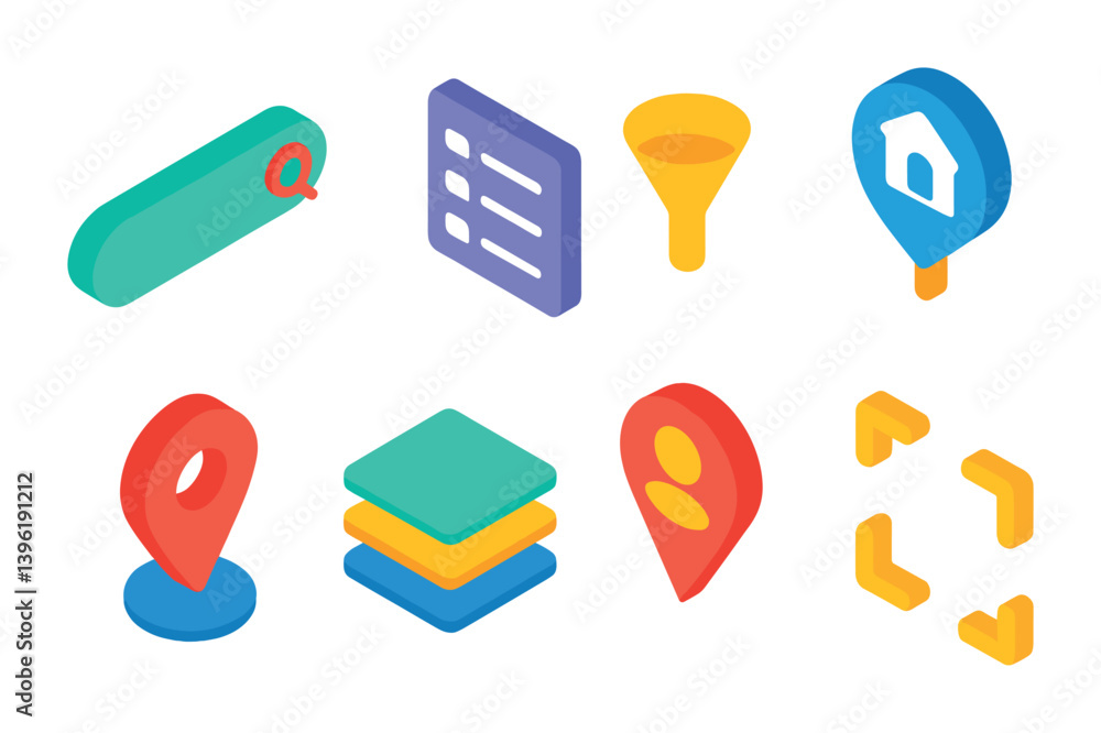 Poster colorful isometric location and navigation icons set for digital applications