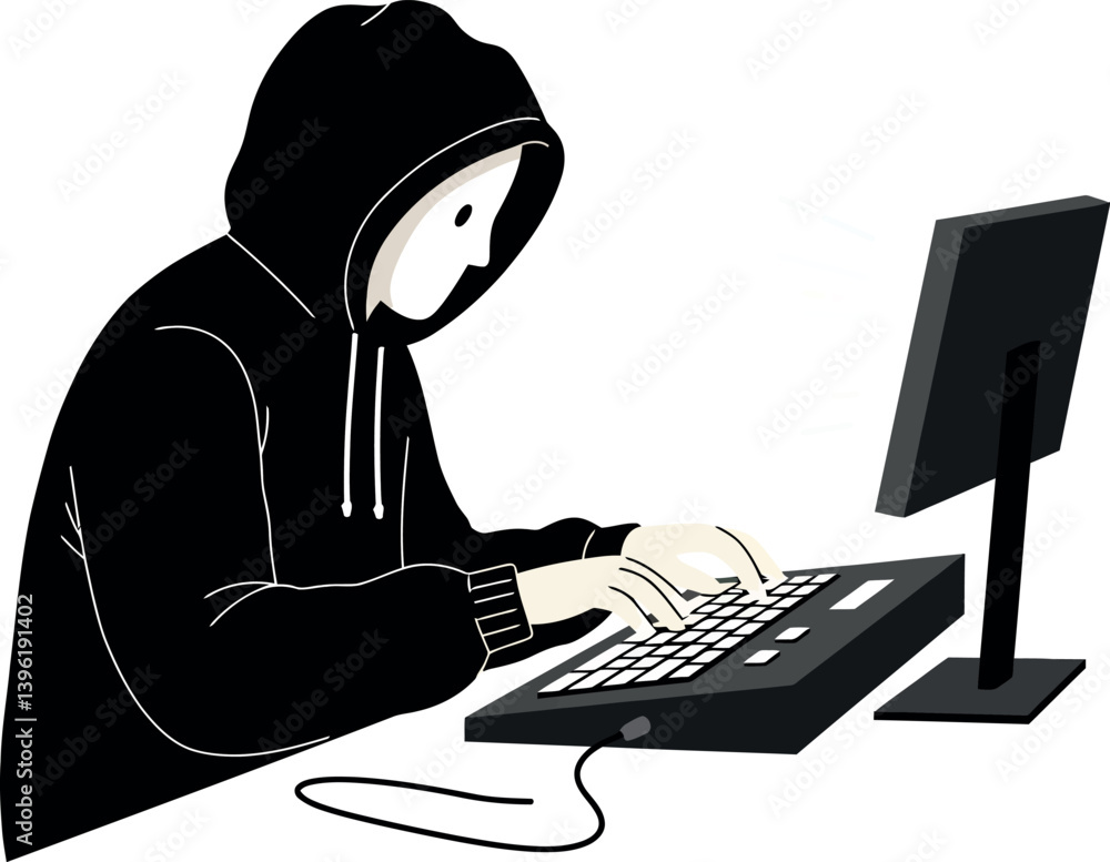 Poster a person in a black hoodie working diligently on a keyboard at a computer in flat vector art