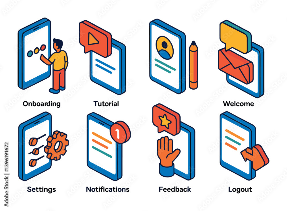 Poster onboarding essentials: 3d icon set for tutorial, notifications, settings, and more