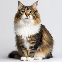 Obraz premium A fluffy maine coon cat sitting upright looking at the camera lens