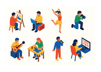 Fototapeta premium Creative hobby icons set in isometric 3d style: art, dance, music, photography