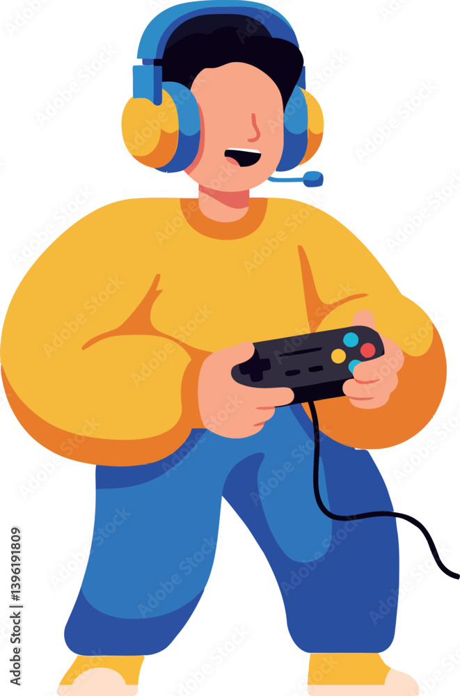 Poster enthusiastic boy playing video games with a controller while wearing a vibrant headset in flat vecto