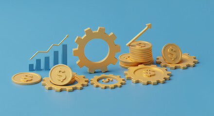 Golden gears and coins interlock, signifying financial growth and success on a vibrant blue background.