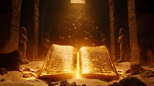 Open sacred writings the egyptian book of thoth shines with golden hieroglyphs surrounded by sand and ancient statues in a dimly lit temple. Glowing Hieroglyphs. Illustration