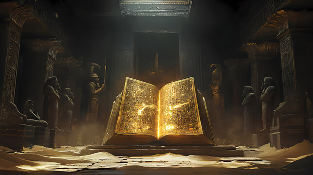 Open sacred writings the egyptian book of thoth shines with golden hieroglyphs surrounded by sand and ancient statues in a dimly lit temple. Glowing Hieroglyphs. Illustration