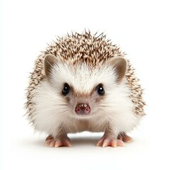 Obraz premium A cute hedgehog perched on a clean white background, showcasing its distinctive spines and adorable face.