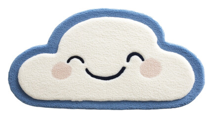 Cute smiling cloud-shaped rug with blue border and blush cheeks on transparent background