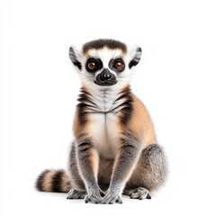 A playful lemur stands out vividly against a clean white backdrop, showcasing its unique features and charm.