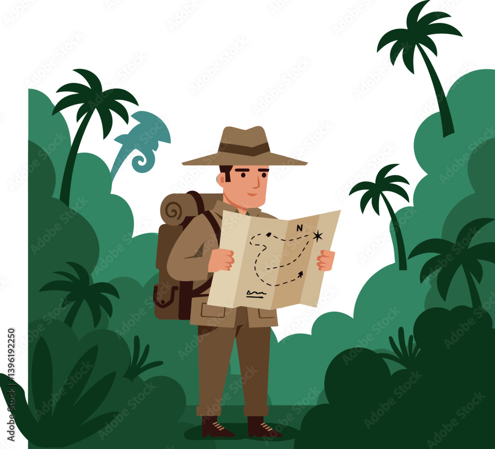 Poster adventurer with a map exploring lush jungle terrain in flat vector art