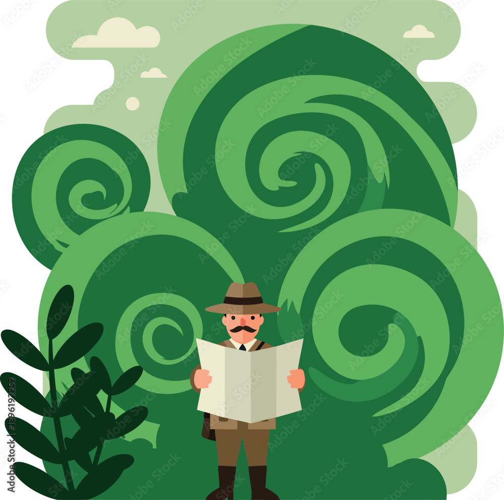 Poster a man exploring a lush forest with a map in hand, flat vector art