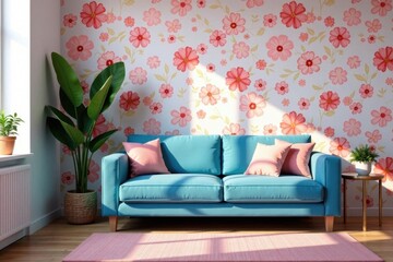 Serene blue couch, pink floral wallpaper, sunlit room, vintage, pastel