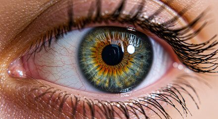 Fototapeta premium A captivating green eye, flecked with gold and brown, reveals a depth of emotion and untold stories, a mesmerizing close-up with striking detail and rich color.