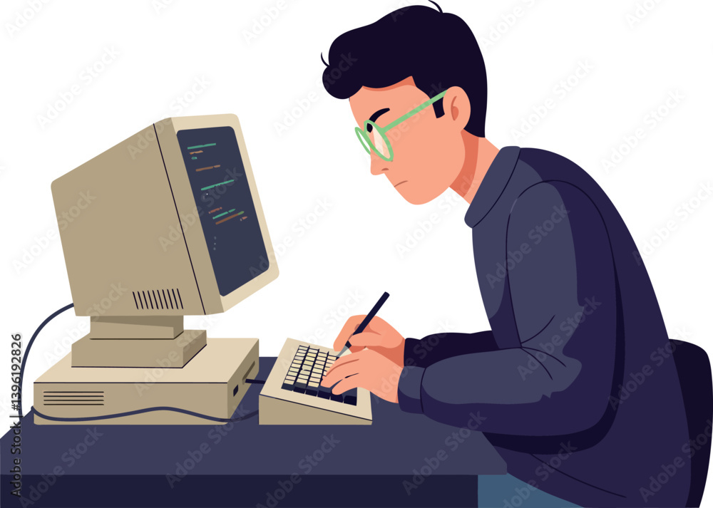 Aufkleber young man coding on an old computer with glasses in a flat vector illustration