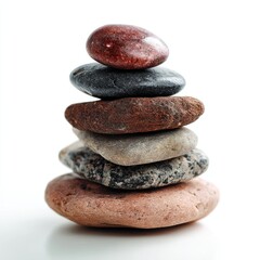 Stack of seven smooth stones balanced on top of each other nicely isolated on white background