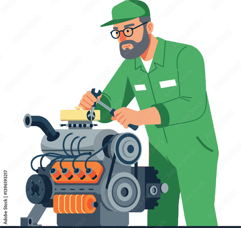 Aufkleber mechanic working diligently on an engine in a minimal and colorful vector illustration