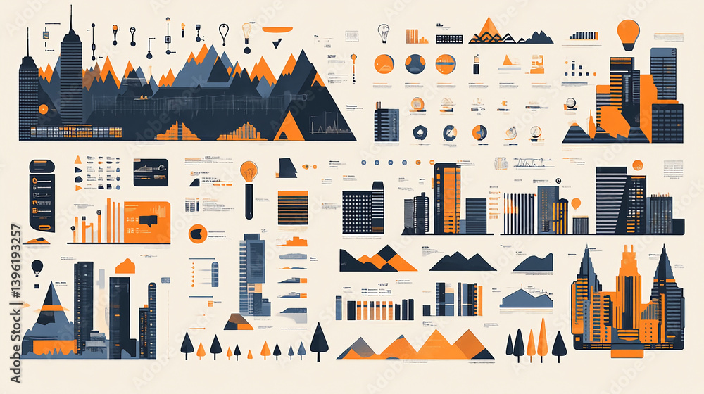 Poster urban planning and architecture infographic design with buildings charts and data visualization elem