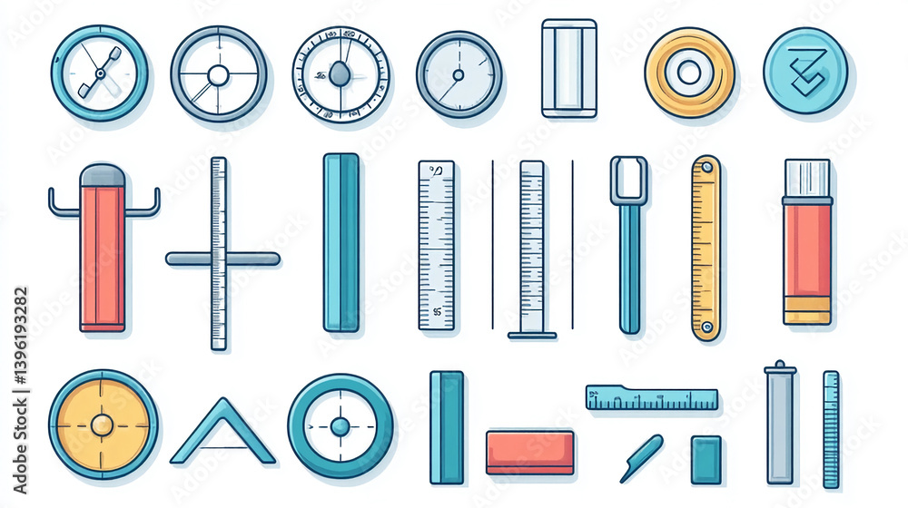 Poster measuring tools vector icons set collection for engineering design and scientific instruments drawin