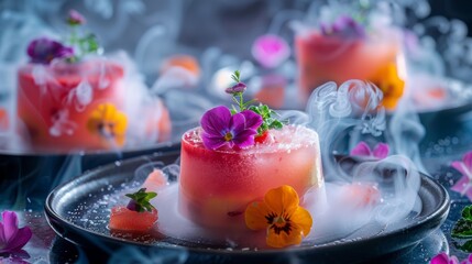Elegant dessert displays with colorful flowers and mist in a stylish dining setting at night