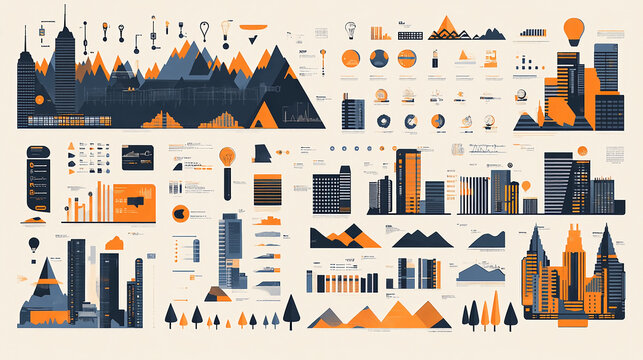 Urban planning and architecture infographic design with buildings charts and data visualization elements set