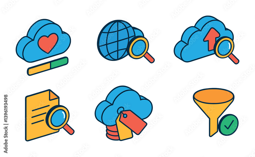 Poster cloud storage icons set: 3d style for data management and search