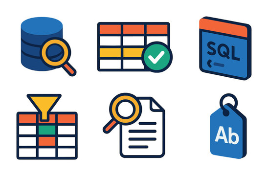 Database management icons set: flat style collection for data analysis