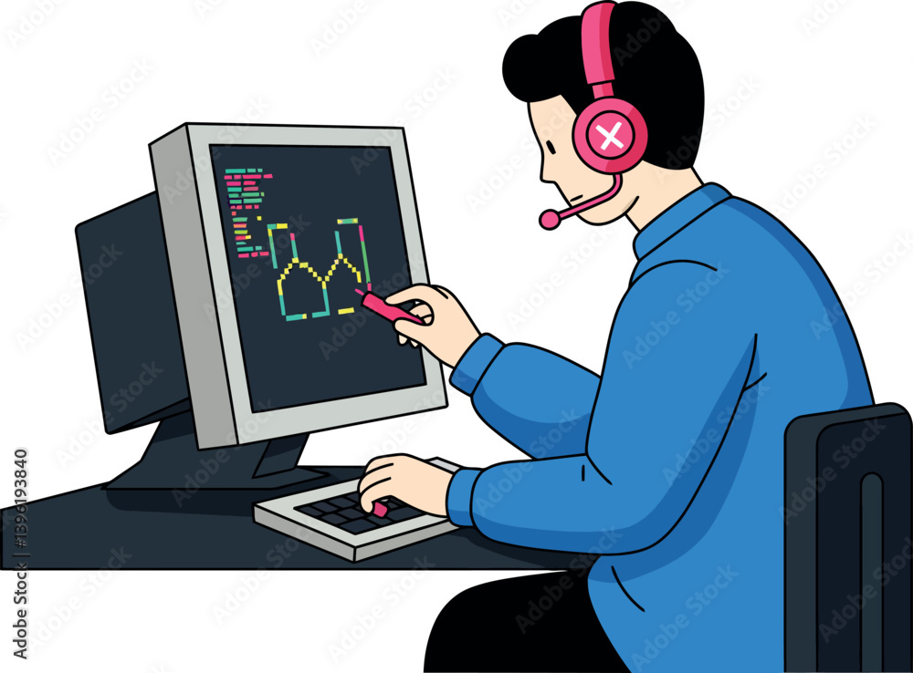 Poster a focused man using a computer with headphones and a stylus in flat vector art
