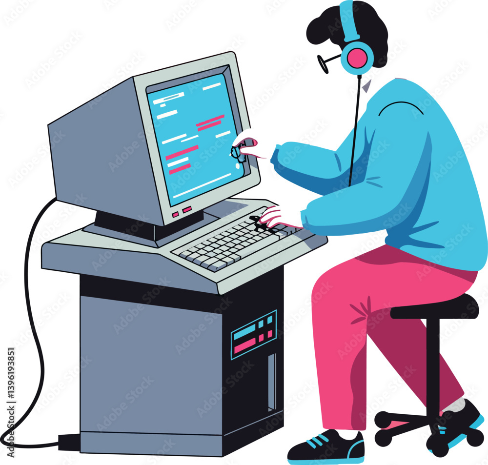 Poster young man coding on retro computer with headphones in flat vector art