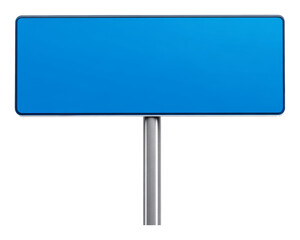 Blank blue rectangular road sign isolated on a reflective metal pole
