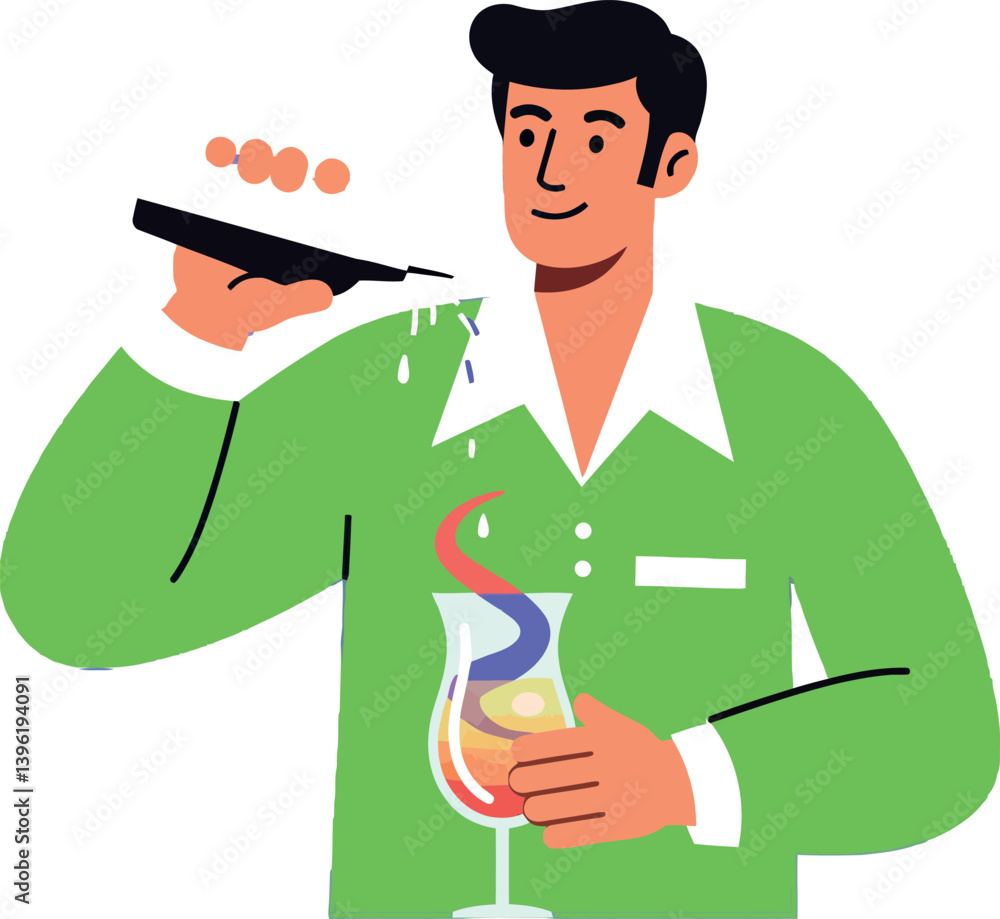Poster a man in a green lab coat conducting an experiment with colorful liquid in a flask, flat vector art