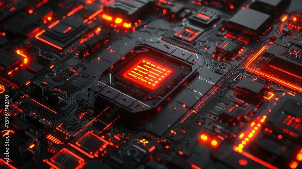 Poster intricate circuit board with glowing components