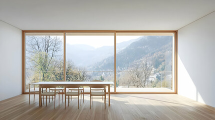 Fototapeta premium Modern Minimalist Dining Room With Mountain View