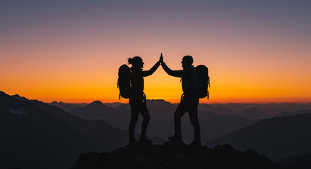 Hikers celebrating a summit achievement at sunset, silhouetted against a fiery sky and majestic mountain range.