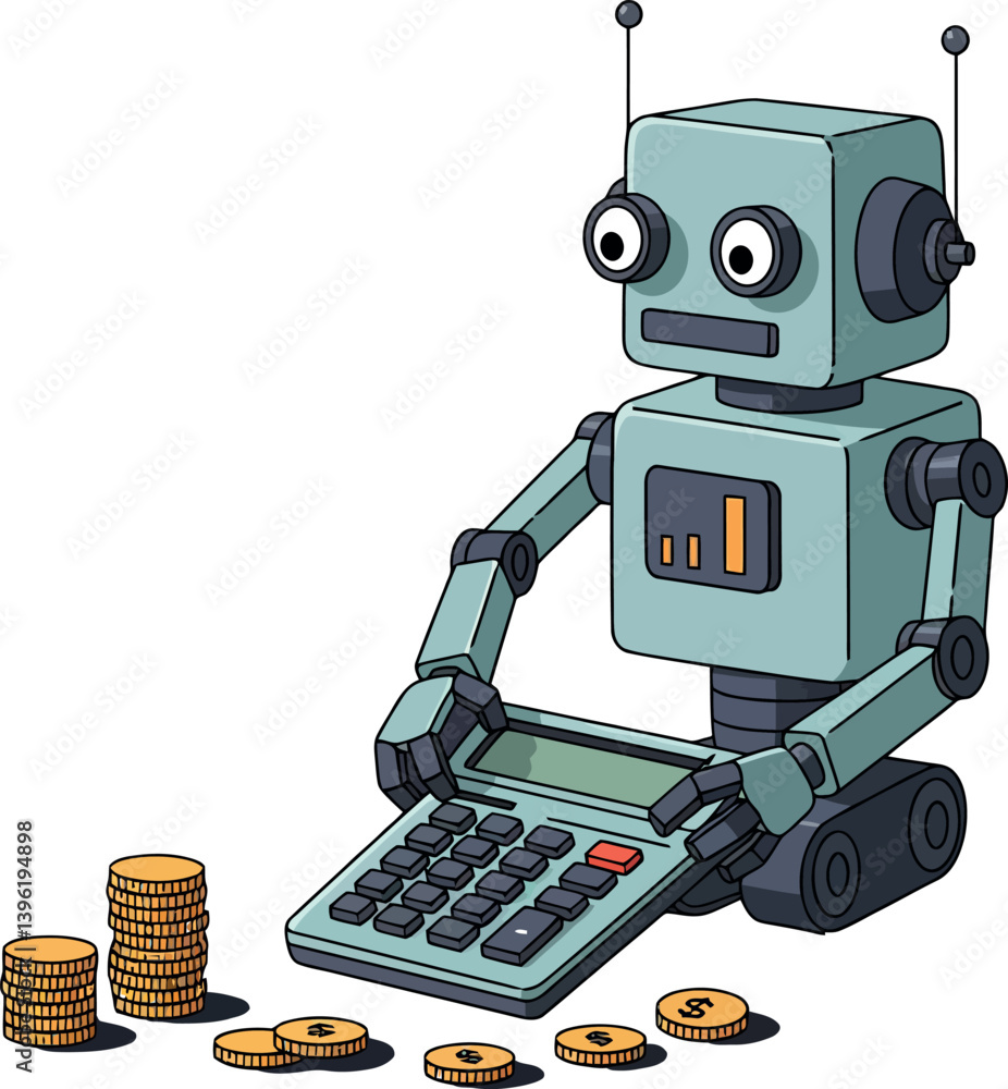 Poster a charming robot using a calculator surrounded by stacks of golden coins in a flat vector illustrati